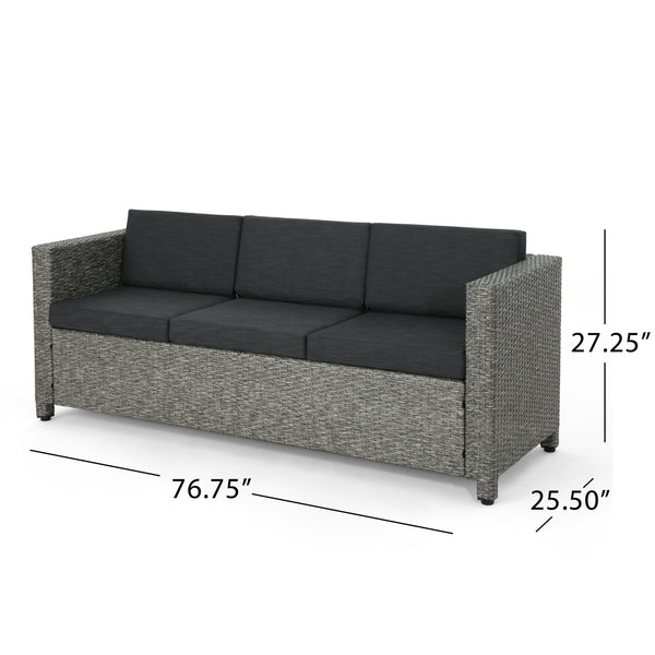 English Elm Christopher Knight Home® - PUERTA Outdoor 3-Seater Sofa with Weather-Resistant Cushions, Woven PE Rattan, Iron Frame, Modern Design 62979.00BLK