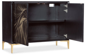 Hooker Furniture Melange Black Willow Hall Chest With Gold Motif On Glass, Maple Veneer, Soft-Close Doors, Slim Legs 628-50206-99