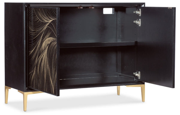 Hooker Furniture Melange Black Willow Hall Chest With Gold Motif On Glass, Maple Veneer, Soft-Close Doors, Slim Legs 628-50206-99
