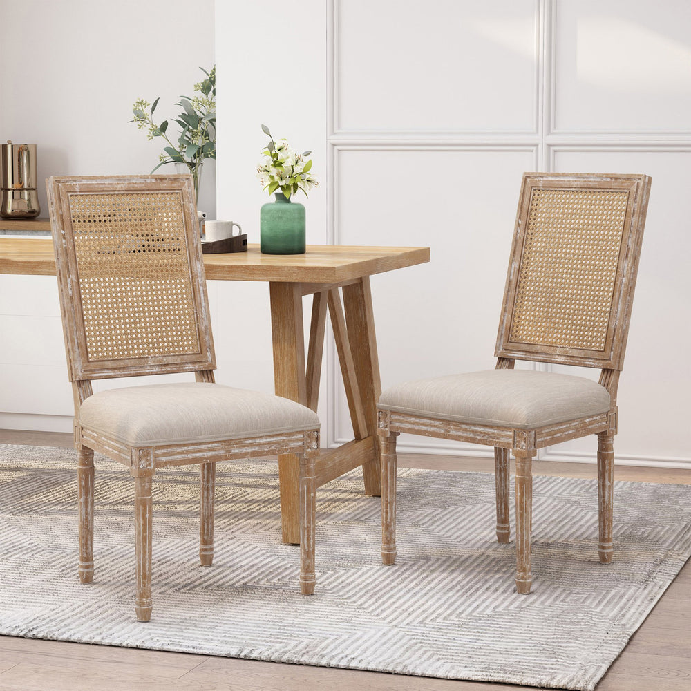 English Elm Dining Chair Set of Two with Cane Back Fluted Legs and Upholstered Seat French Style 71238.00BGENTL