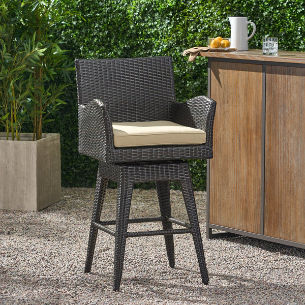 English Elm Modern Outdoor Pe Wicker Swivel Barstool with Cushioned Seat and Iron Frame 54128.00
