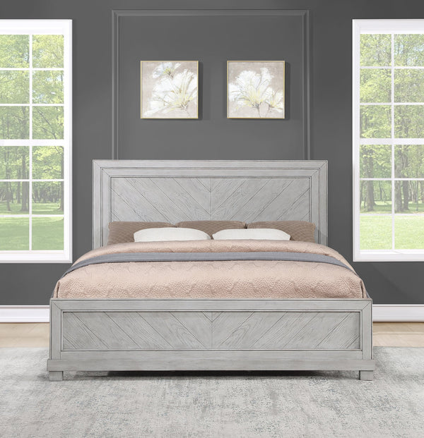 English Elm Steve Silver - Montana King Bed Gray — Hand-Stained Chevron Headboard, Five-Slat Dual Support Frame, Floating Look B081S00222