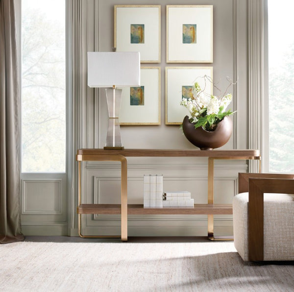 Hooker Furniture Eleana Walnut Console Table With Sunlit Bronze Base, Rounded Top & Single Shelf For Entryways 7252-85005-85