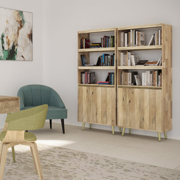 English Elm Jager Mid-Century Bookshelf with Doors - Mango Wood & Brass Inlay, Soft-Close Storage Shelves B136P158751