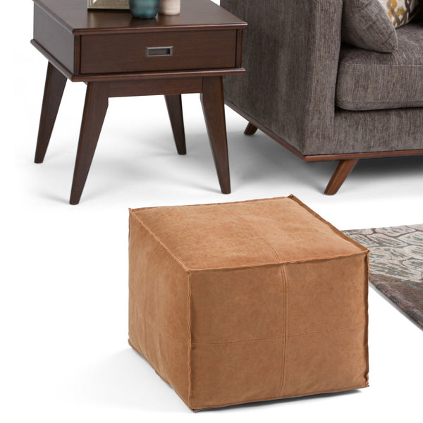 English Elm Brody Square Pouf - Handcrafted Distressed Light Brown Faux Leather Accent For Modern Living Spaces B136P159279