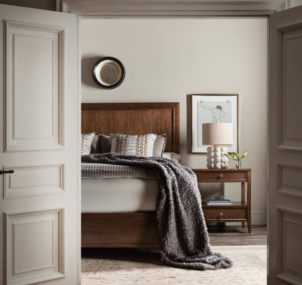 Hooker Furniture Archives Two-Drawer Nightstand In Figured Quartered Walnut With Satin Brass Knobs, Open Shelf Elegance 6123-90115-89