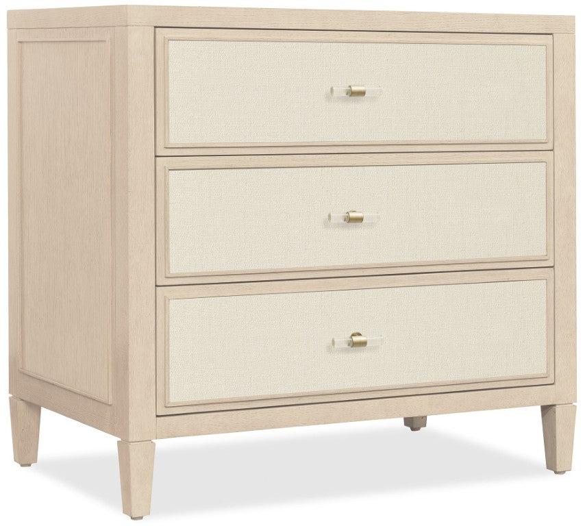 Hooker Furniture Melange Fabric-Front Nightstand With Charging Station, Polished Limestone Oak, 3 Soft-Drawers, 30"H 628-90016-80