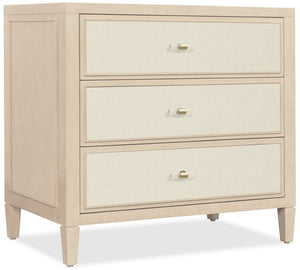 Hooker Furniture Melange Fabric-Front Nightstand With Charging Station, Polished Limestone Oak, 3 Soft-Drawers, 30"H 628-90016-80