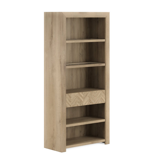 A.R.T. Furniture Garrison Bookcase - Elegant Washed Oak Storage With Adjustable Glass Shelves & Touch Dimmer Light Brown Parawood Solids With Ash Embossing,White Oak Veneers,Glass 322401-1302