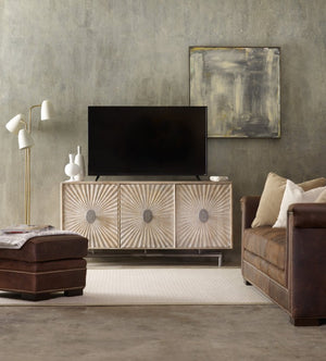 Hooker Furniture 68-Inches Sunburst Entertainment Console In Sandblasted Whitewash Mango Wood With Iron Base, Tv-Ready Storage And Artisan Texture 5560-55468-LTWD