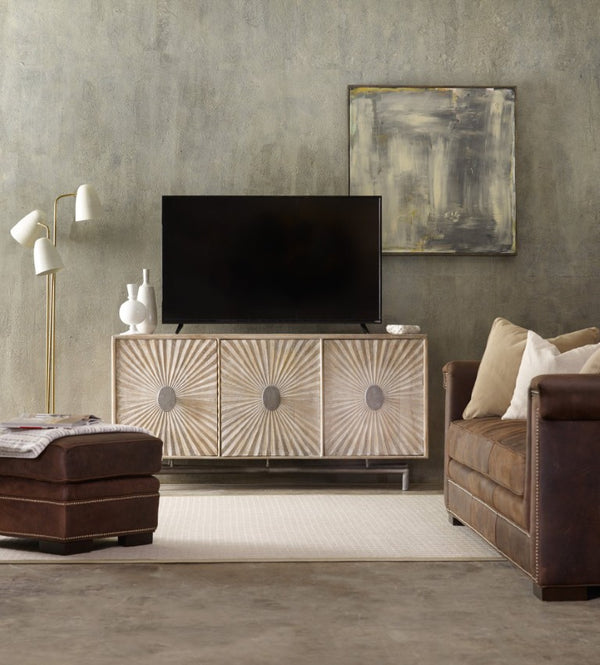 Hooker Furniture 68-Inches Sunburst Entertainment Console In Sandblasted Whitewash Mango Wood With Iron Base, Tv-Ready Storage And Artisan Texture 5560-55468-LTWD