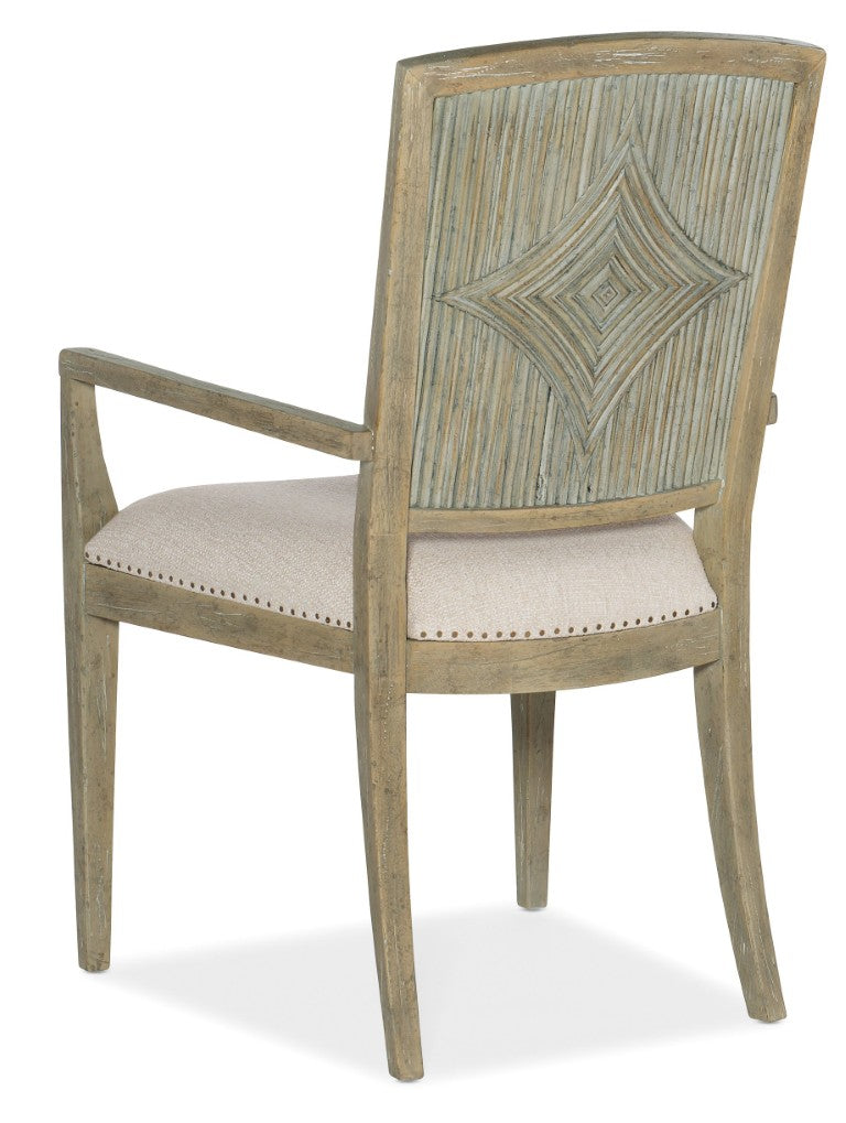 Hooker Furniture Surfrider Carved Back Arm Chair — Driftwood Finish, Zuri Cream Performance Upholstery, Nailhead Trim 6015-75401-80