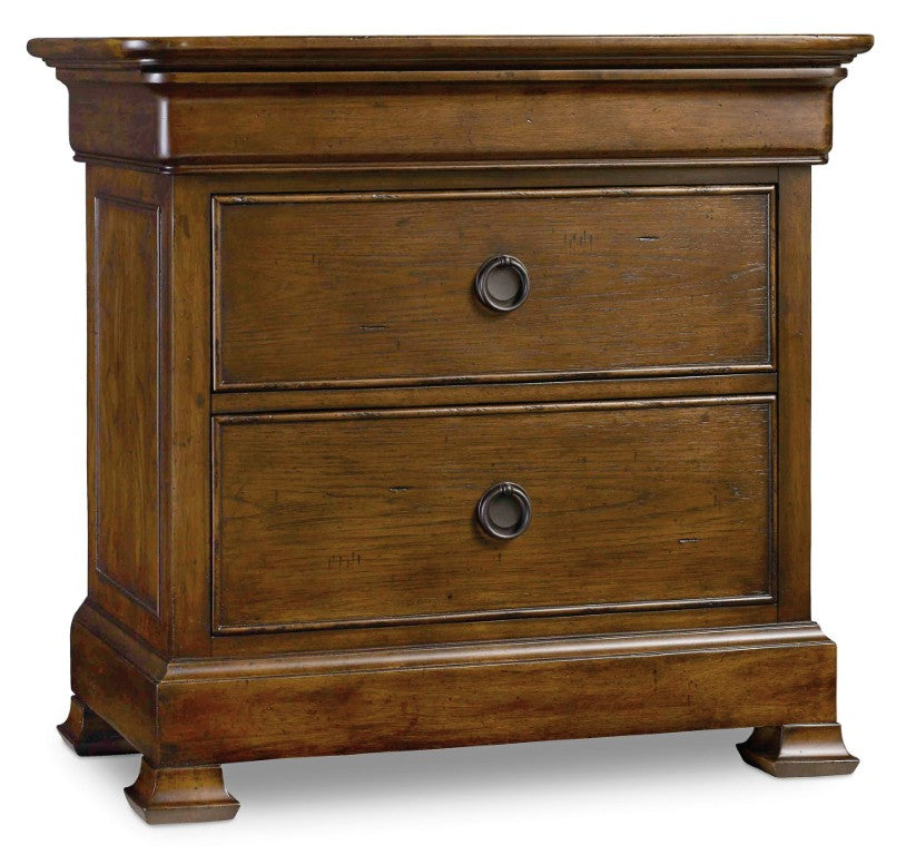 Hooker Furniture Archivist Pecky Pecan Three-Drawer Nightstand With Touch Dimmer, Cord Clip & Antique Bronze Hardware 5447-90016