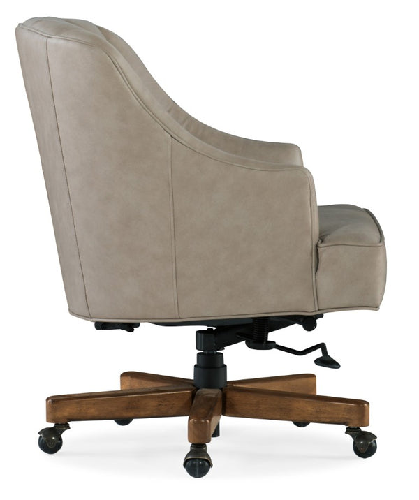 Hooker Furniture Haider Executive Swivel Tilt Chair In Easy Street Leather With Channeled Back, Wood Chestnut Base, Ergonomic Comfort Beige EC509-085
