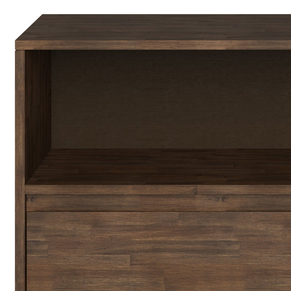 English Elm Chase Rustic Natural Aged Brown Low Bookcase – Solid Acacia Wood, 2 Open Compartments & 2 Drawers B136P160672