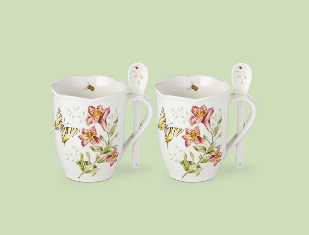 Lenox Butterfly Meadow Mugs with Spoons, Set of 2 Multi, WHITE PORCELAIN 833960