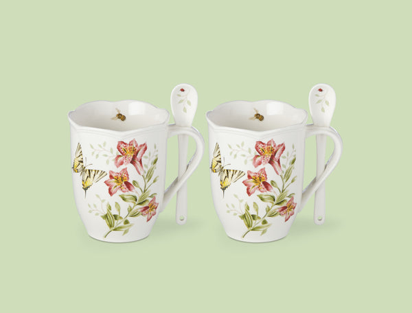 Lenox Butterfly Meadow Mugs with Spoons, Set of 2 Multi, WHITE PORCELAIN 833960