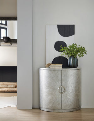 Hooker Furniture Melange Demilune Chest With Silver Leaf Finish — Transitional Oak Veneer Console With Adjustable Shelf And Twist Hardware 628-85656-95