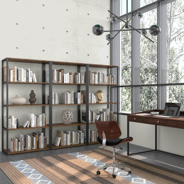 English Elm Ralston Rustic Acacia Bookcase with 4 Shelves & Black Metal Frame, Aged Brown Finish, 72"H B136P159422