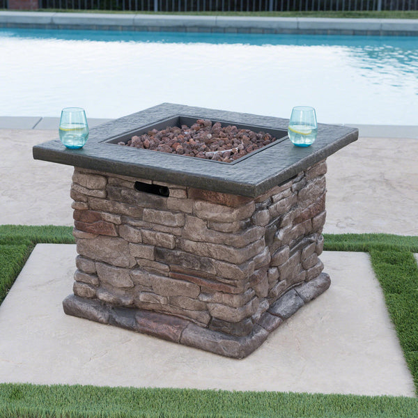 English Elm Stonewall Square Propane Fire Pit Natural Stone Outdoor Patio Gathering Focal Point 61941.00-40K