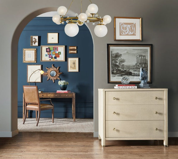 Hooker Furniture Archives Writing Desk With Faux-Tortoise Shell Accent, Woven Cane Top, Glass Surface & 3 Drawers 6123-10458-80