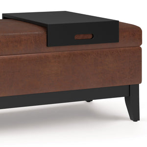 English Elm Oregon Storage Ottoman Bench with Tray and Lift-Top Storage, Satin Cream Faux Leather Accent Seat Dark Brown B136P159071