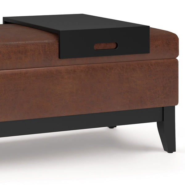 English Elm Oregon Storage Ottoman Bench with Tray and Lift-Top Storage, Satin Cream Faux Leather Accent Seat Dark Brown B136P159071