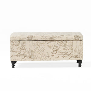 English Elm Christopher Knight Home® - Storage Ottoman Rectangular Bench with French Script Upholstery, Reclaimed Wood Gourd Legs, 42" L 56752.00