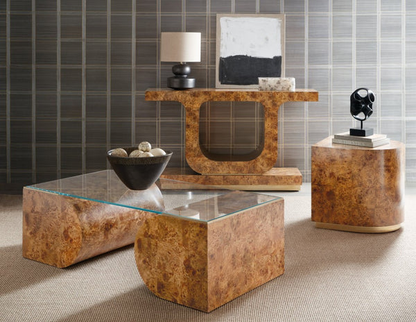 Hooker Furniture Melange Mappa Burl Coffee Table With Tempered Glass Top, Gold Trim, Dual Half‑Oval Bases — Luxe Centerpiece 628-80504-80