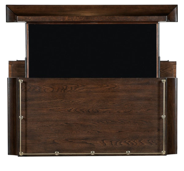 Hooker Furniture Commerce Dukes Bar Cabinet With Dark Elm, Gold Accents, Wine Glass Racks, 8-Bottle Pullout & Hidden Drawer 7228-50725-85