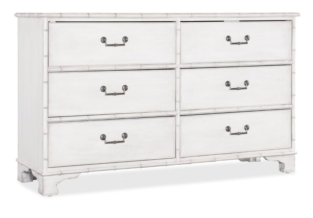 Hooker Furniture Charleston Six-Drawer Dresser In White Heron — Bamboo-Motif Trim, Cedar-Lined Drawers, Jewelry Tray 6750-90101-06