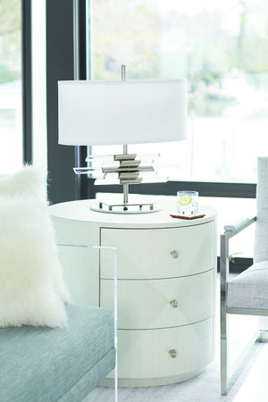 Bernhardt Bernhardt Axiom Round Chairside Table With 3-Drawer 3D Pyramid Faces Linear White Finish, Glamorous Storage 381127