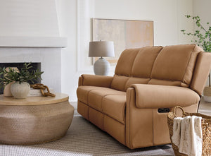 Hooker Furniture Somers Power Reclining Sofa With Zero-Gravity Seats, Nubuck Top-Grain Leather, Usb Charging, Bustle-Back Comfort Light Brown SS718-PHZ3-080