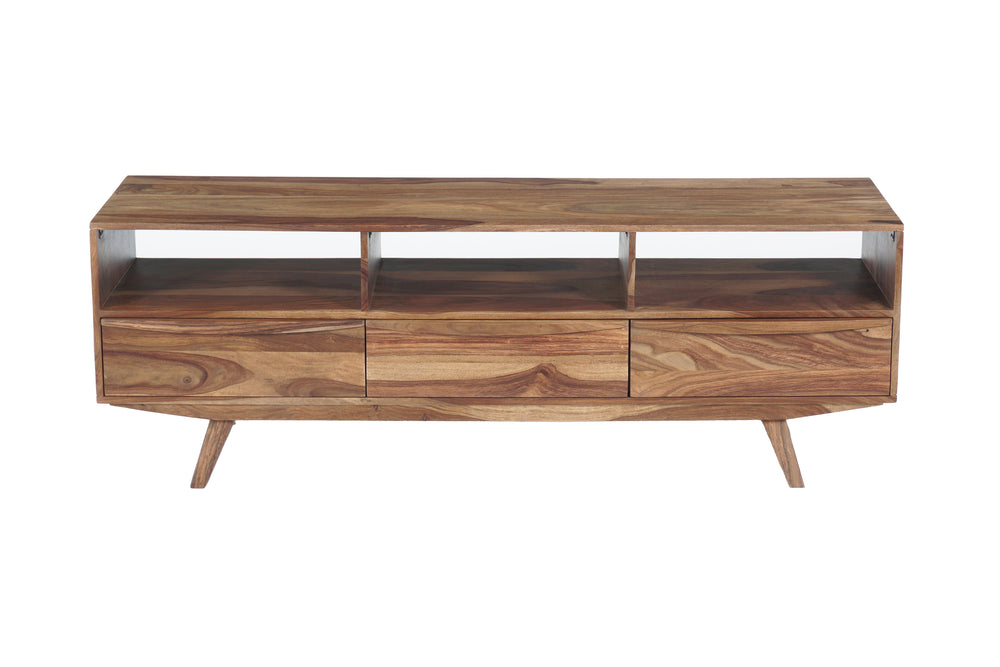 Porter Designs Porter Fusion Solid Sheesham Wood Tv Stand With 3 Drawers & Open Storage, Mid-century Modern Design Light Brown Wood 06-117-03-6733n