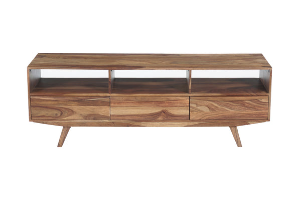 Porter Designs Porter Fusion Solid Sheesham Wood Tv Stand With 3 Drawers & Open Storage, Mid-century Modern Design Light Brown Wood 06-117-03-6733n