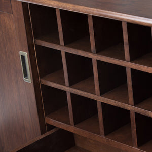 English Elm Draper Mid Century Sideboard Buffet with 12-Bottle Wine Rack, Solid Rubberwood, Medium Auburn Brown Finish, Tapered Legs and Brass Pulls B136P158156