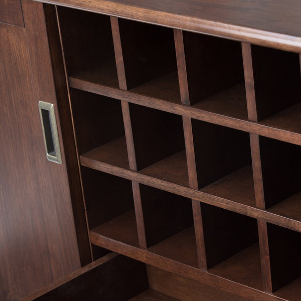 English Elm Draper Mid Century Sideboard Buffet with 12-Bottle Wine Rack, Solid Rubberwood, Medium Auburn Brown Finish, Tapered Legs and Brass Pulls B136P158156