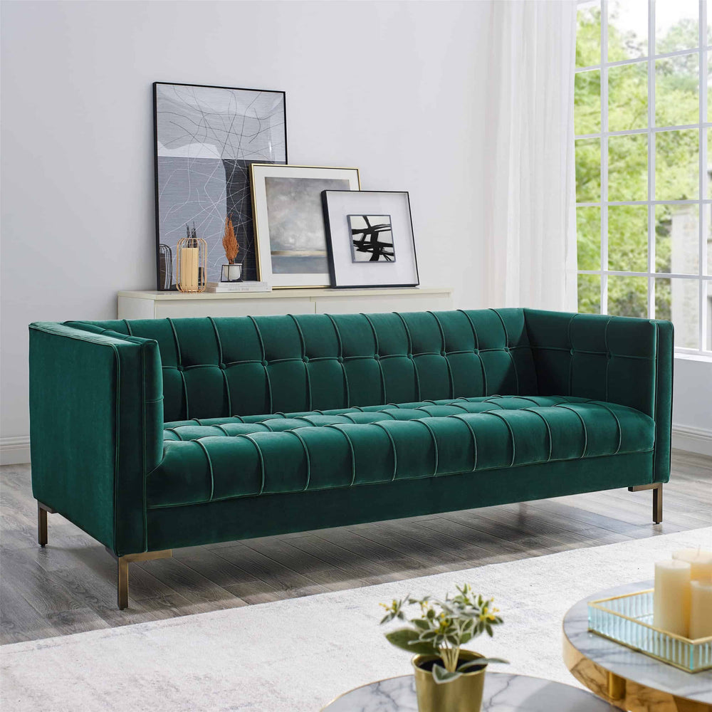 English Elm Steve Silver - Isaac Green Velvet Channel Sofa with Brass Accent Legs, Tuxedo Arms, Foam & Sinuous Spring Comfort B081P157365