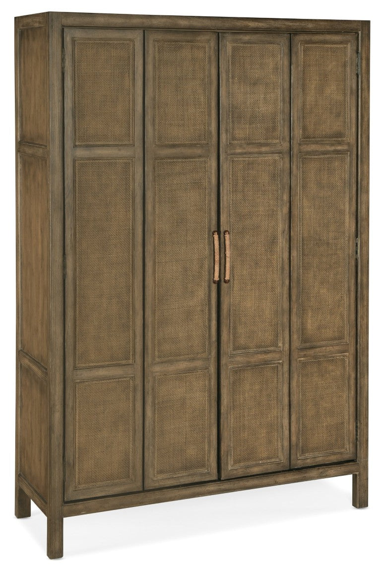 Hooker Furniture Sundance Rattan Bar Cabinet With Pecan Veneer, Integrated Lighting, Pull-Out Shelves & Wine Storage 6015-75160-89