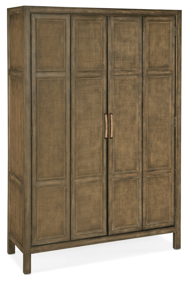 Hooker Furniture Sundance Rattan Bar Cabinet With Pecan Veneer, Integrated Lighting, Pull-Out Shelves & Wine Storage 6015-75160-89