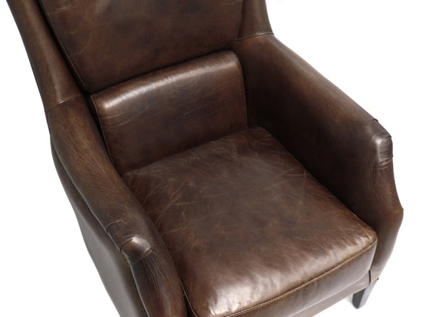 Pasargad Home Baker Wing Chair - Vintage Cigar Brown Leather With Elegant Dark Wood Legs Brown Leather Chair-900