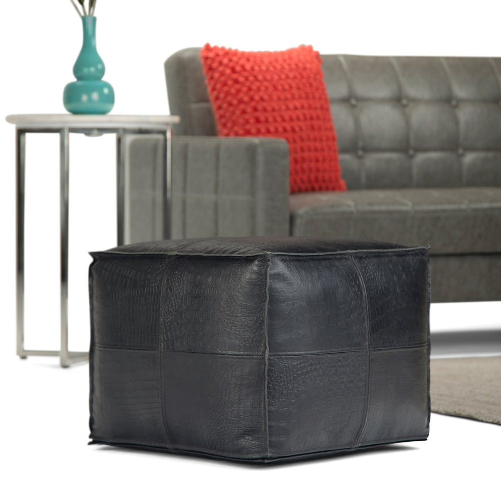 English Elm Bowen Leather Square Pouf Ottoman - Handcrafted Black Top-Grain Buffalo Leather, Supportive Accent Seat B136P159308