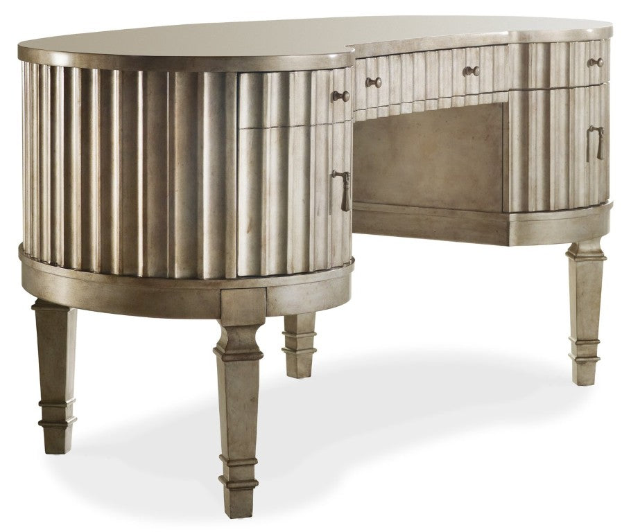 Hooker Furniture Melange Champagne Fluted Kidney Desk With Locking File Drawer, Wallpapered Interiors & Tapered Legs 638-10006