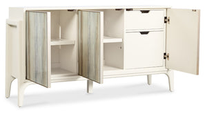Hooker Furniture Hera Almond White Credenza With Reverse Painted Glass Doors, Soft-Close, Wine Storage & Cable Management 6052-10464-80