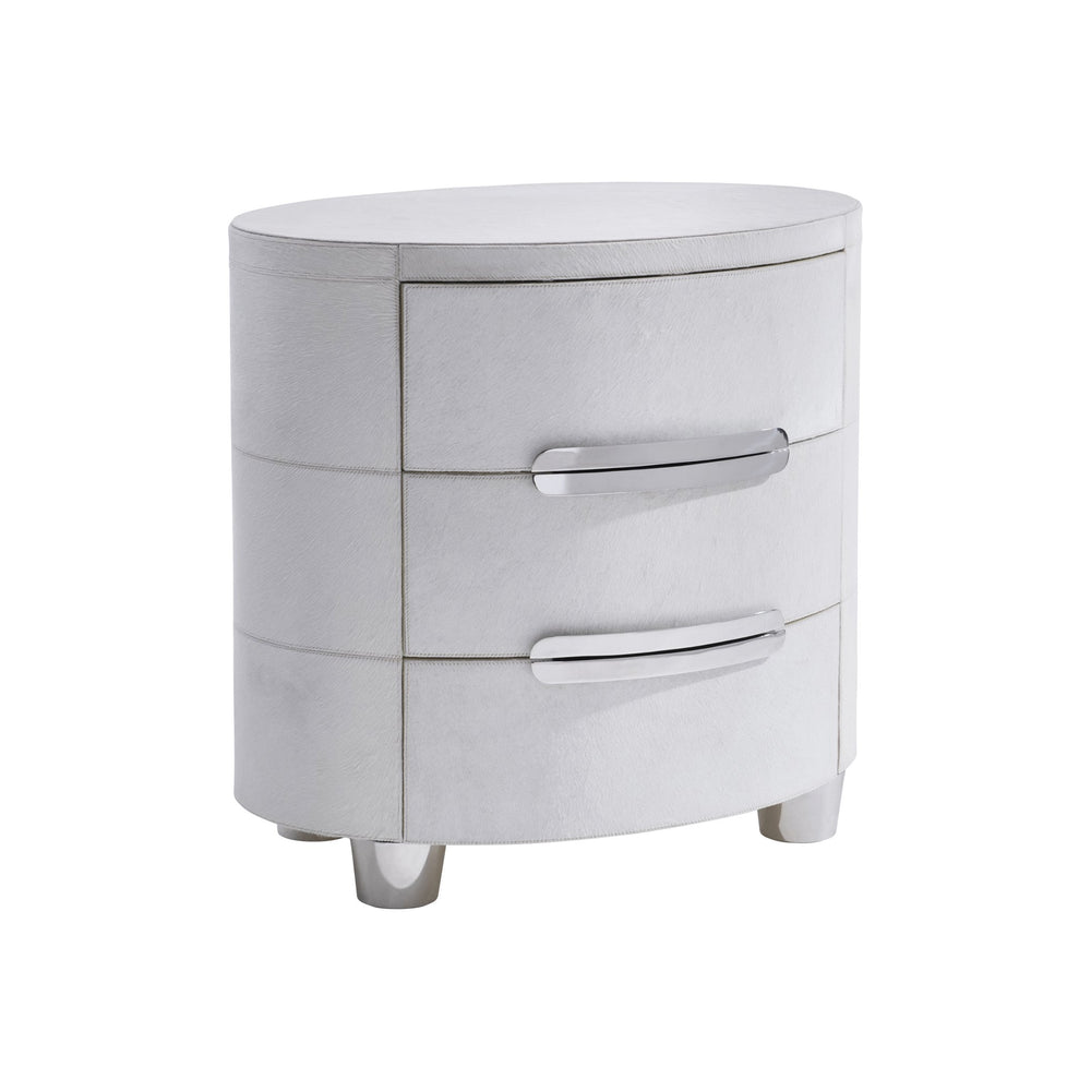 Bernhardt Bernhardt Lyric Nightstand In White Hair-On-Hide With Saddle Stitching, Glass Top, Soft-Close Drawers 321229