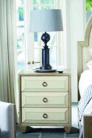 Bernhardt Bernhardt Santa Barbara Nightstand With 3 Fabric-Wrapped Drawers, Warm Oak Finish, Vintage Nickel Accents 385216