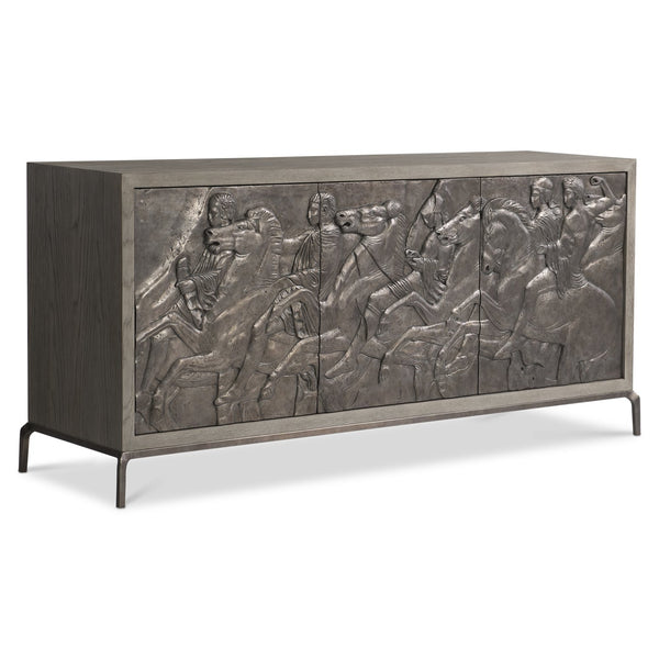 Bernhardt Bernhardt Elysia Buffet With Dark Bronze Greco‑Roman Frieze, Weathered Greige Oak, Soft‑Close Doors 332132