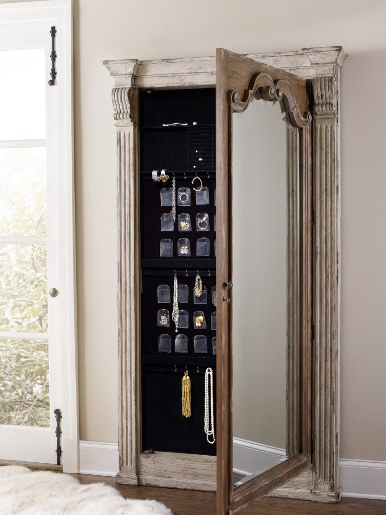 Hooker Furniture Chatelet Caramel Froth Floor Mirror With Locking Jewelry Armoire, Felt-Lined Vintage Storage 5351-50003