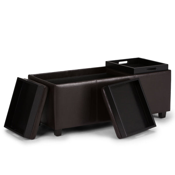 English Elm Avalon Storage Ottoman - Tanners Brown Faux Leather With Trays, Stylish Accent For Any Space B136P159779