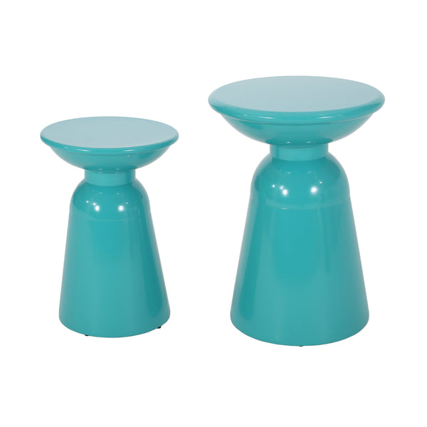 English Elm Serenita Outdoor Powder Coated Iron Pedestal Side Tables Sculptural Flared Set of Two Teal 73614.00T